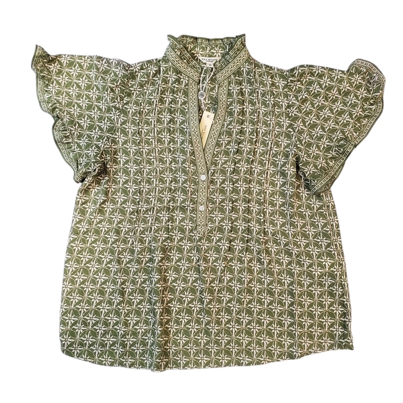 Max Studio Blouse Size XSmall Green Floral Ruffle Peasant Boho - Picture 13 of 13